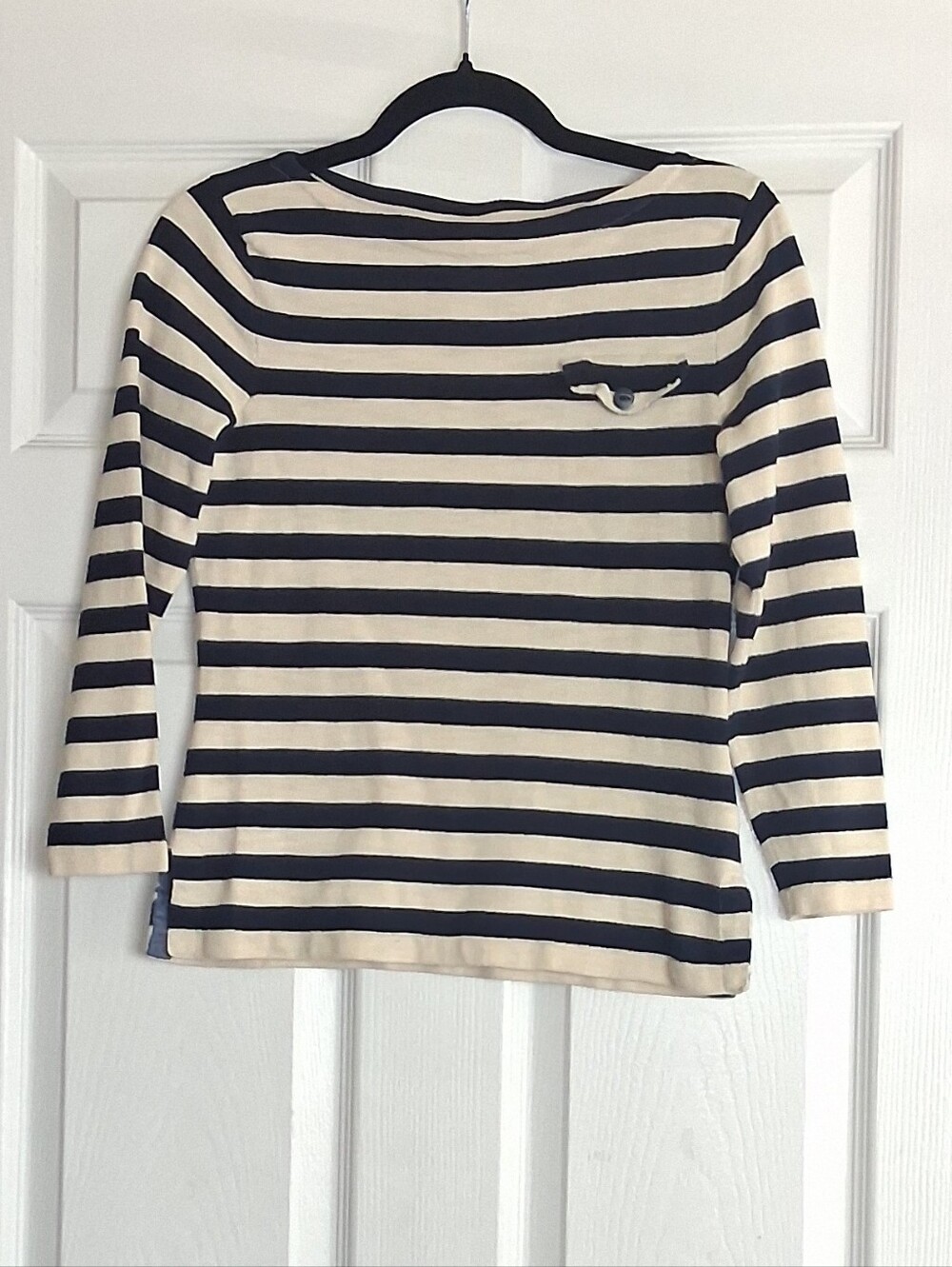 Ralph Lauren Rugby Beige Navy Striped Boat Neck 3/4 Sleeve  Knit Shirt